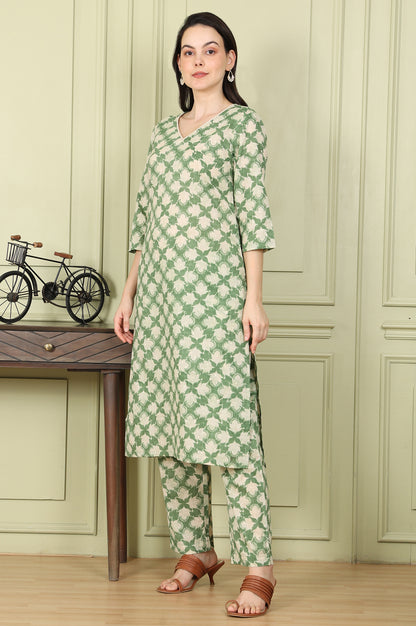 Olive Green Floral Printed Cotton Blend Straight Kurta And Pants Co-Ord Set - wforwoman