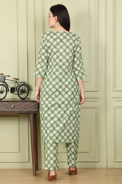 Olive Green Floral Printed Cotton Blend Straight Kurta And Pants Co-Ord Set - wforwoman