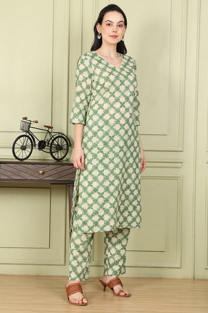 Olive Green Floral Printed Cotton Blend Straight Kurta And Pants Co-Ord Set - wforwoman