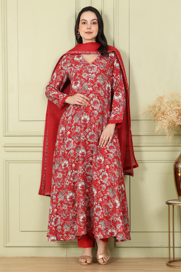 Red Floral Printed Flared Anarkali Kurta, Straight Pants And Dupatta Set