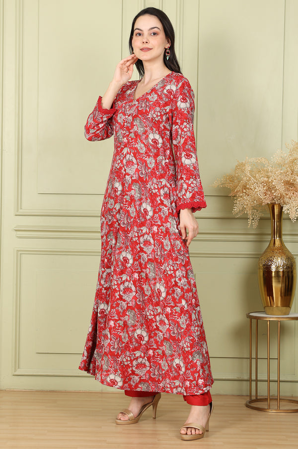 Red Floral Printed Flared Anarkali Kurta, Straight Pants And Dupatta Set