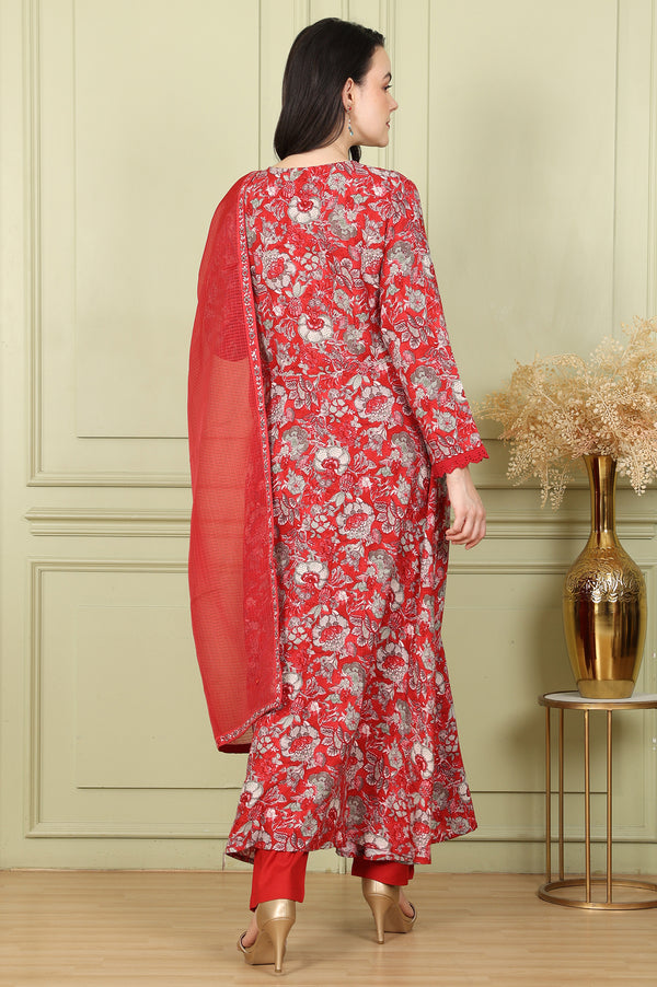 Red Floral Printed Flared Anarkali Kurta, Straight Pants And Dupatta Set