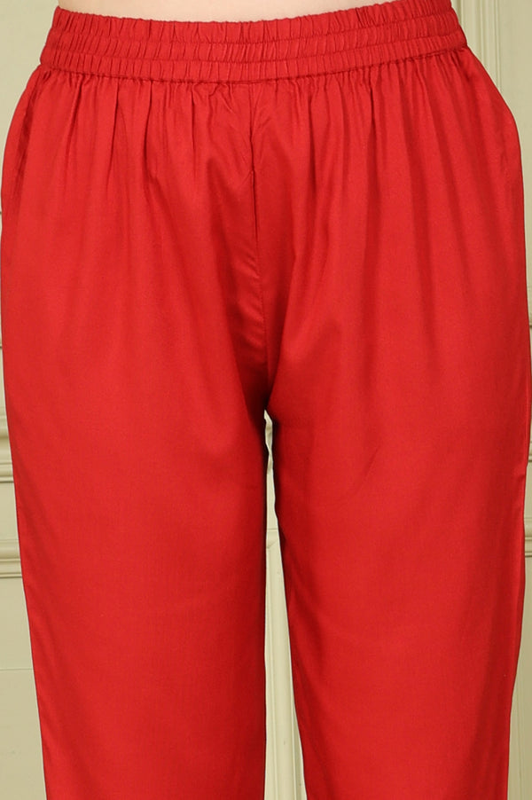 Red Floral Printed Flared Anarkali Kurta, Straight Pants And Dupatta Set