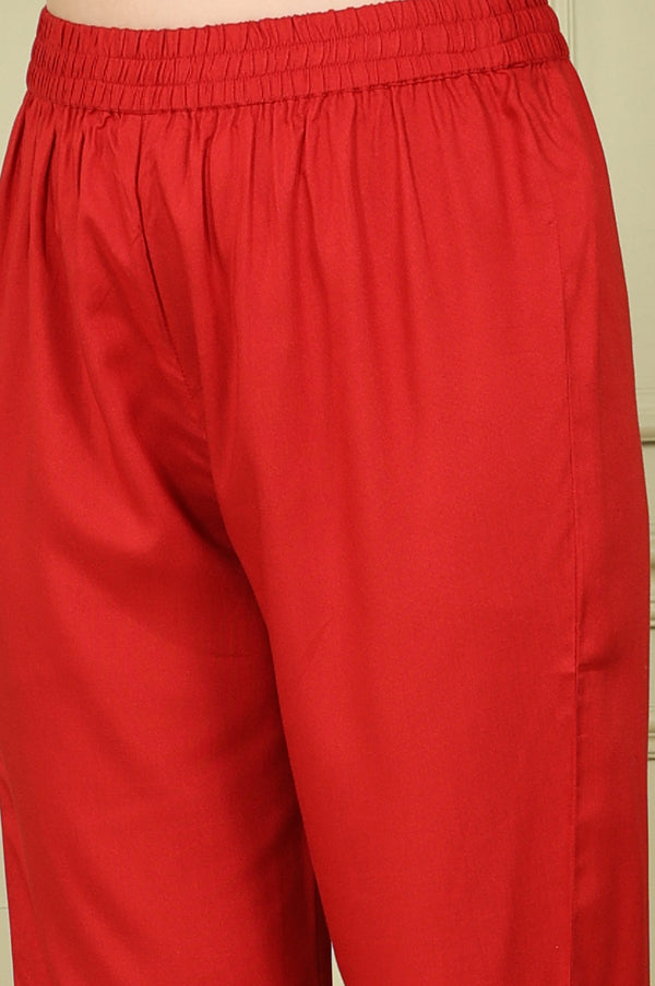 Red Floral Printed Flared Anarkali Kurta, Straight Pants And Dupatta Set