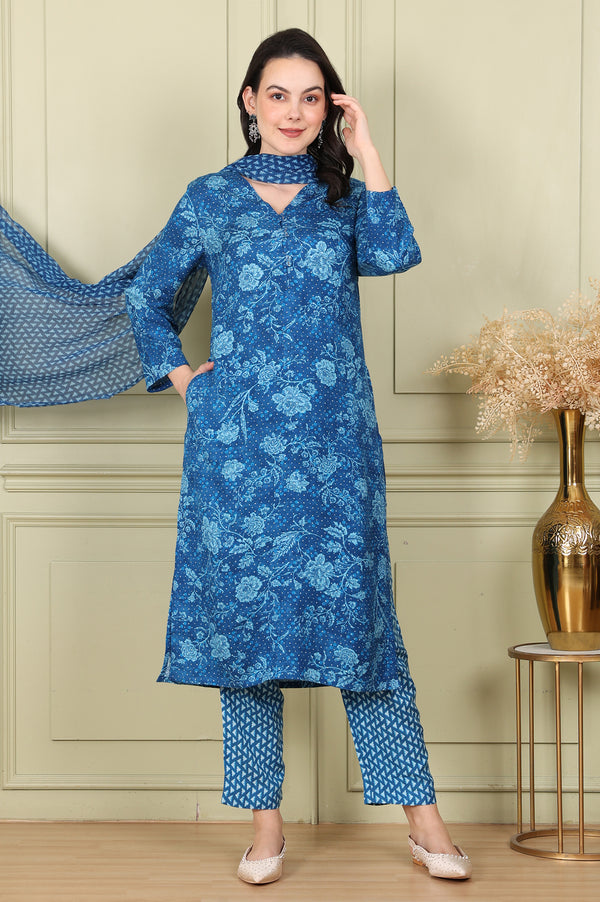 Ink Blue V-Neck Rayon Flax Straight Kurta, Printed Straight Pants Set With Dupatta