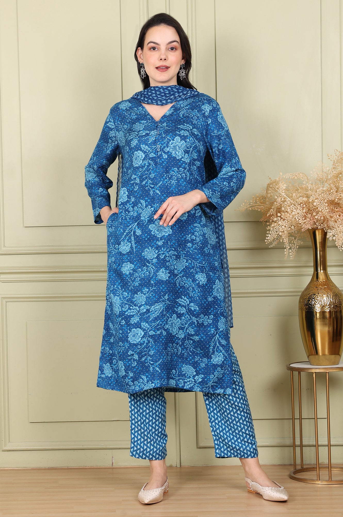Ink Blue V-Neck Rayon Flax Straight Kurta, Printed Straight Pants Set With Dupatta - wforwoman