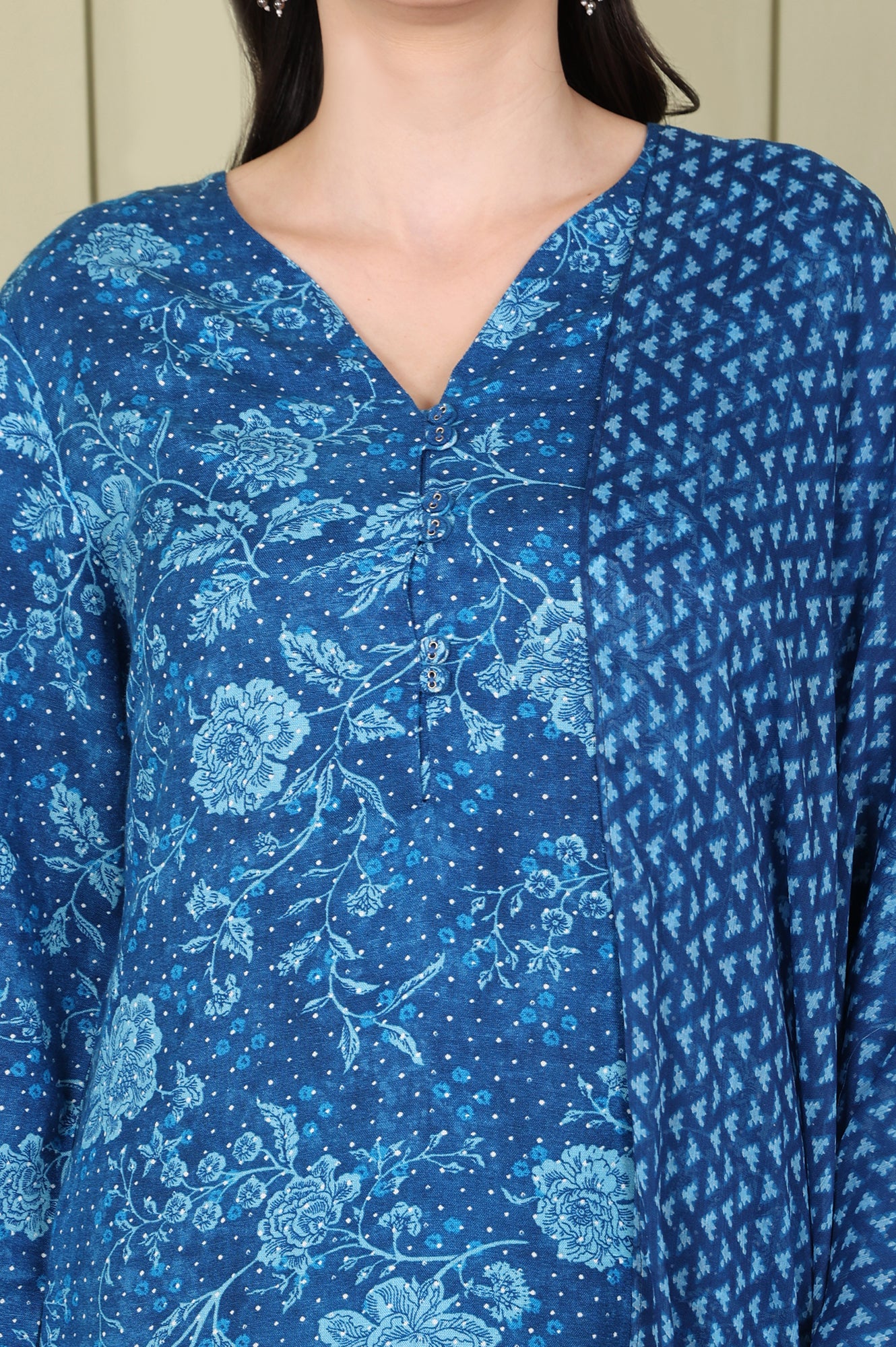 Ink Blue V-Neck Rayon Flax Straight Kurta, Printed Straight Pants Set With Dupatta - wforwoman