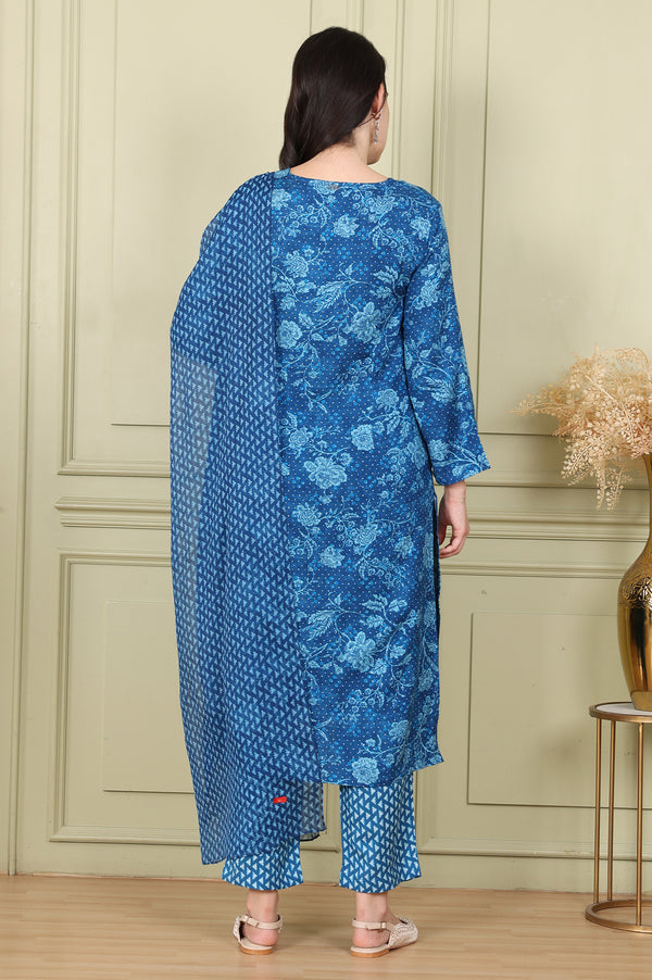 Ink Blue V-Neck Rayon Flax Straight Kurta, Printed Straight Pants Set With Dupatta
