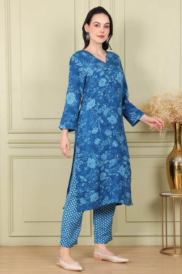 Ink Blue V-Neck Rayon Flax Straight Kurta, Printed Straight Pants Set With Dupatta