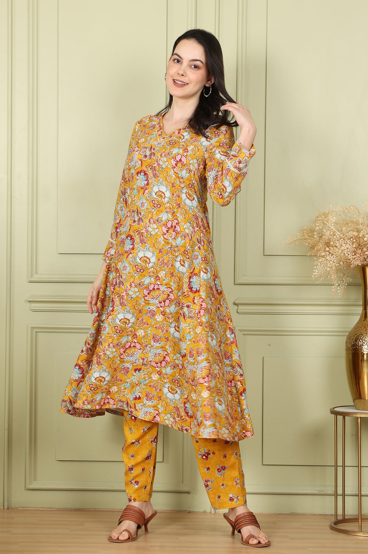 Mustard Yellow Floral Printed Breezy Rayon A-Line Kurta And Pants Set - S