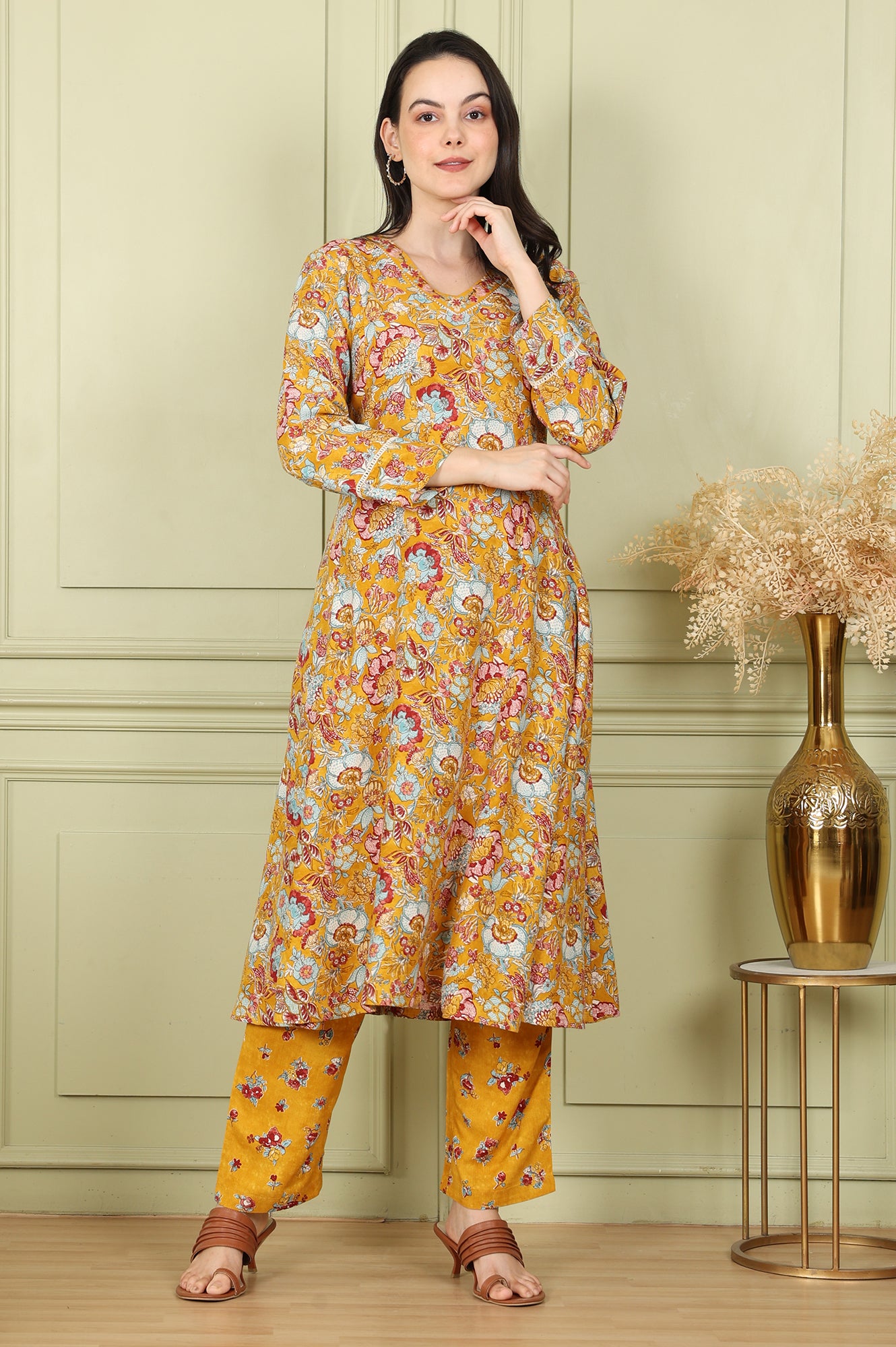 Mustard Yellow Floral Printed Breezy Rayon A-Line Kurta And Pants Set - wforwoman