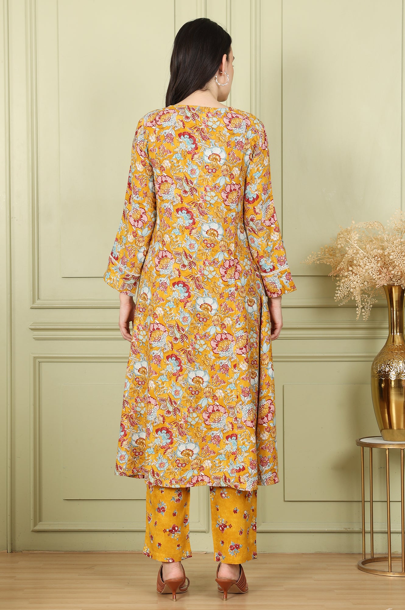 Mustard Yellow Floral Printed Breezy Rayon A-Line Kurta And Pants Set - wforwoman
