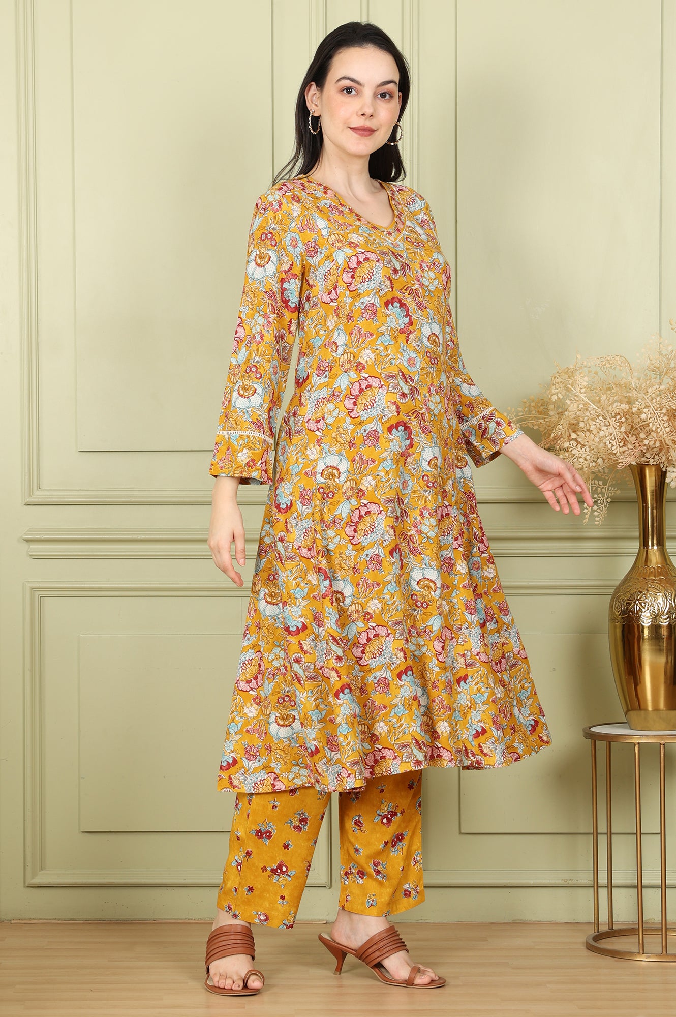 Mustard Yellow Floral Printed Breezy Rayon A-Line Kurta And Pants Set - wforwoman