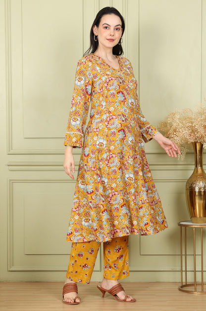 Mustard Yellow Floral Printed Breezy Rayon A-Line Kurta And Pants Set - wforwoman