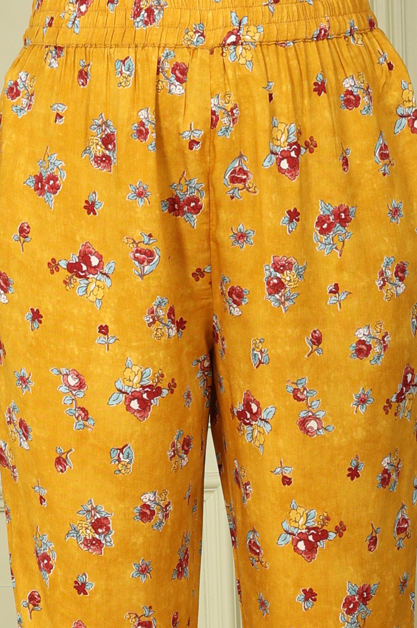 Mustard Yellow Floral Printed Breezy Rayon A-Line Kurta And Pants Set