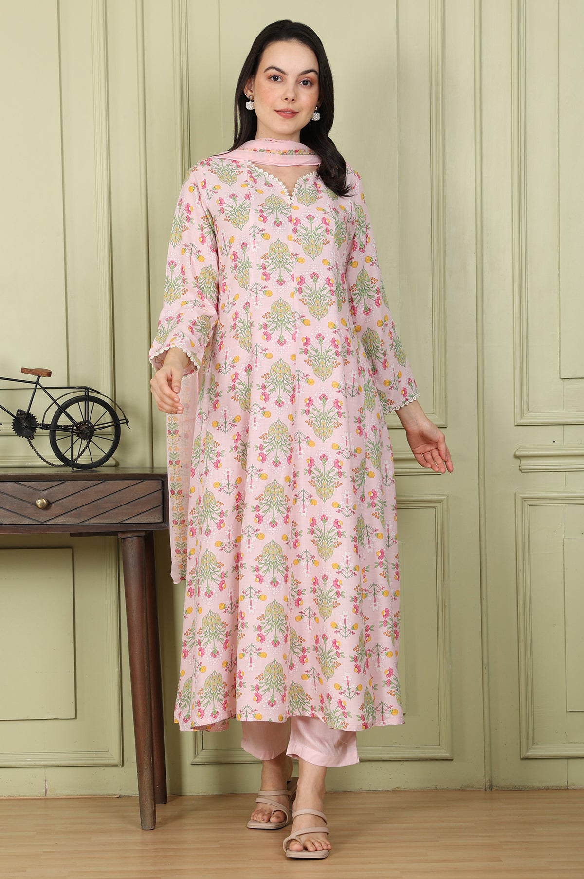 Pastel Pink Floral Printed A-Line Kurta, Pants and Dupatta Set for Women - XS
