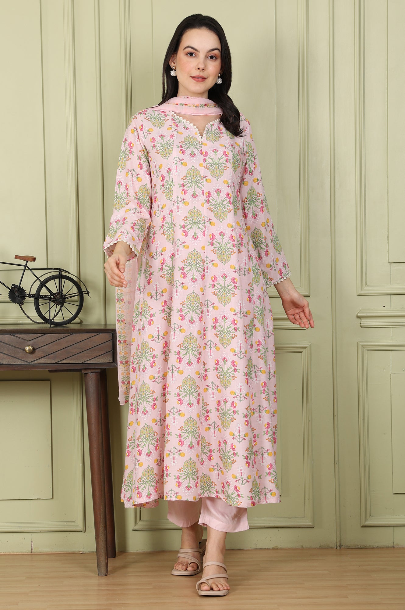 Pastel Pink Floral Printed A-Line Kurta, Pants And Dupatta Set - wforwoman