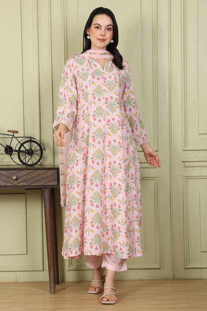 Pastel Pink Floral Printed A-Line Kurta, Pants And Dupatta Set - wforwoman