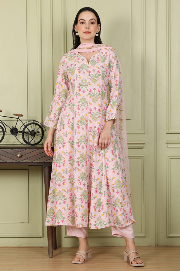 Pastel Pink Floral Printed A-Line Kurta, Pants and Dupatta Set for Women
