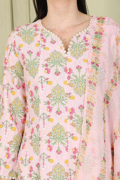 Pastel Pink Floral Printed A-Line Kurta, Pants And Dupatta Set - wforwoman