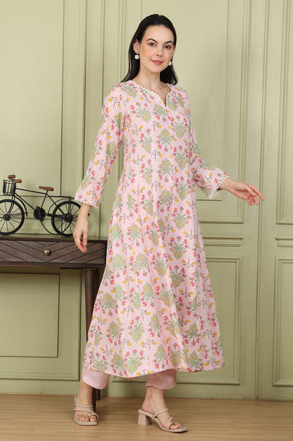 Pastel Pink Floral Printed A-Line Kurta, Pants And Dupatta Set - wforwoman