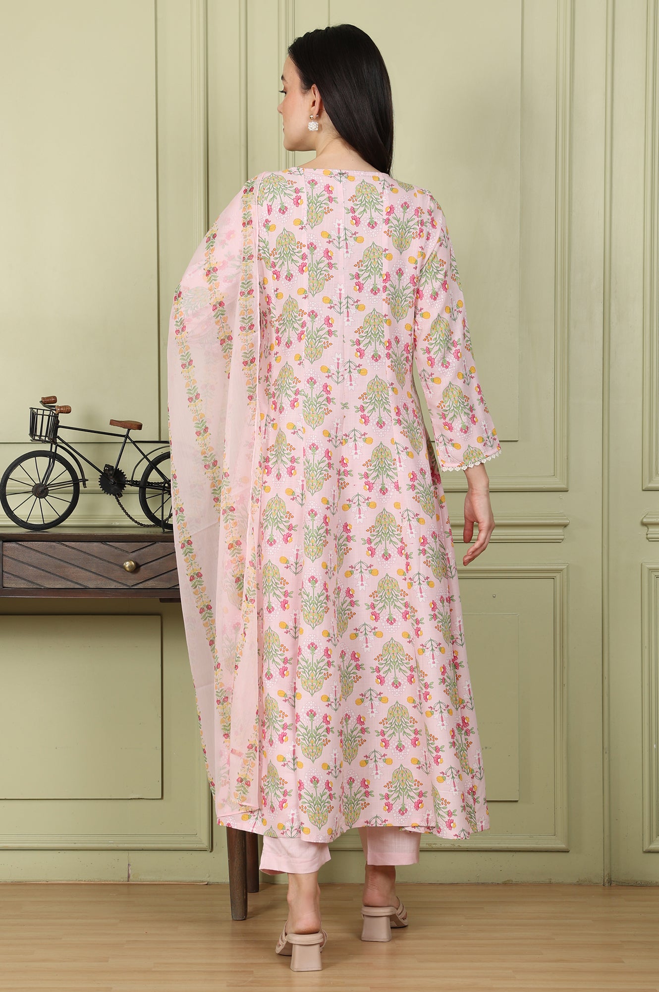 Pastel Pink Floral Printed A-Line Kurta, Pants And Dupatta Set - wforwoman