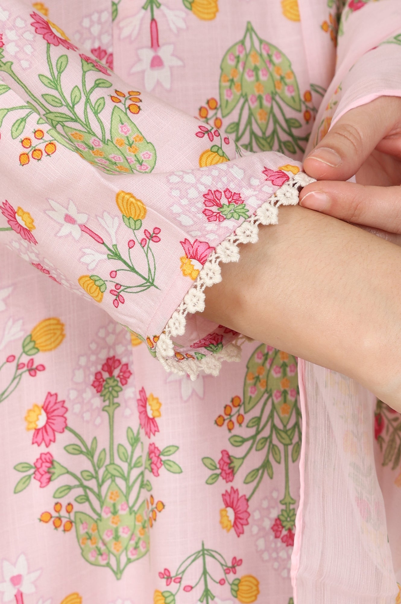 Pastel Pink Floral Printed A-Line Kurta, Pants And Dupatta Set - wforwoman