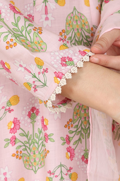 Pastel Pink Floral Printed A-Line Kurta, Pants And Dupatta Set - wforwoman