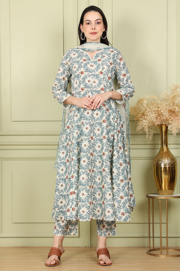 White Floral Printed A-Line Kurta, Pants And Dupatta Set