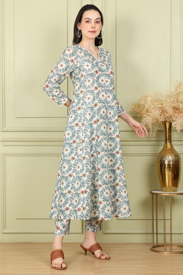 White Floral Printed A-Line Kurta, Pants And Dupatta Set