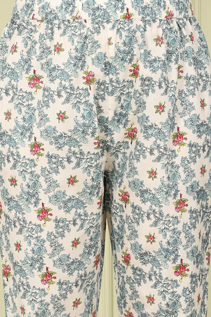 White Floral Printed A-Line Kurta, Pants And Dupatta Set