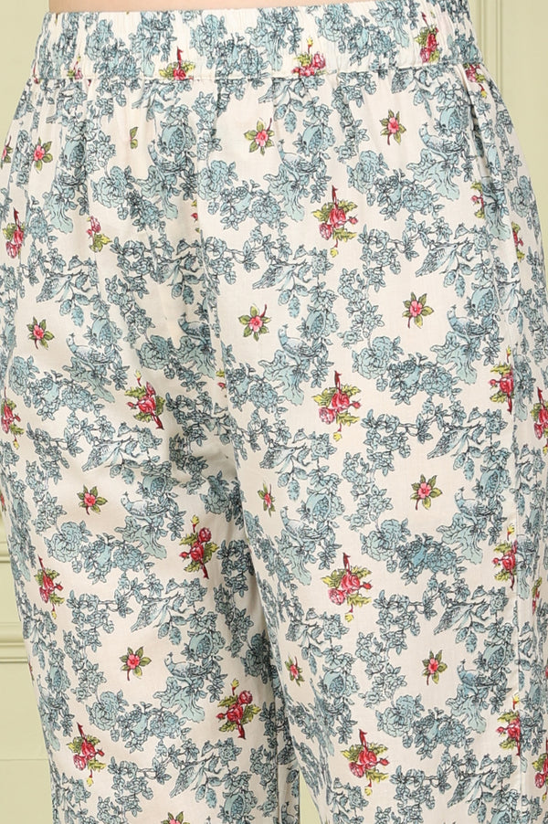 White Floral Printed A-Line Kurta, Pants And Dupatta Set