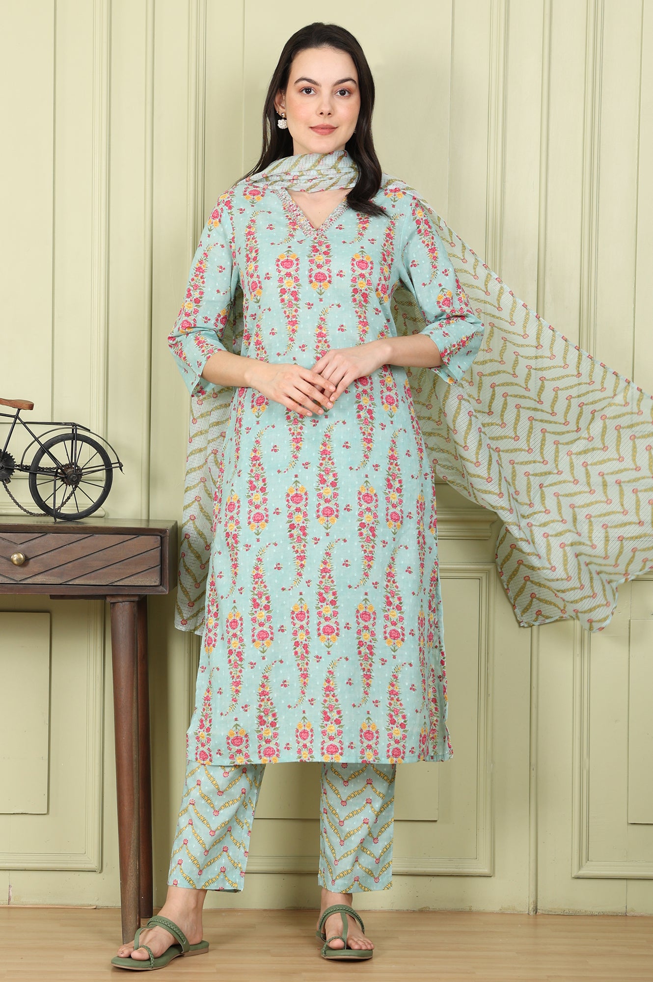 Sea Green Floral Printed Pure Cotton Straight Kurta, Pants And Dupatta Set - wforwoman