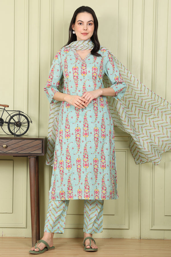 Sea Green Floral Printed Pure Cotton Straight Kurta, Pants And Dupatta Set