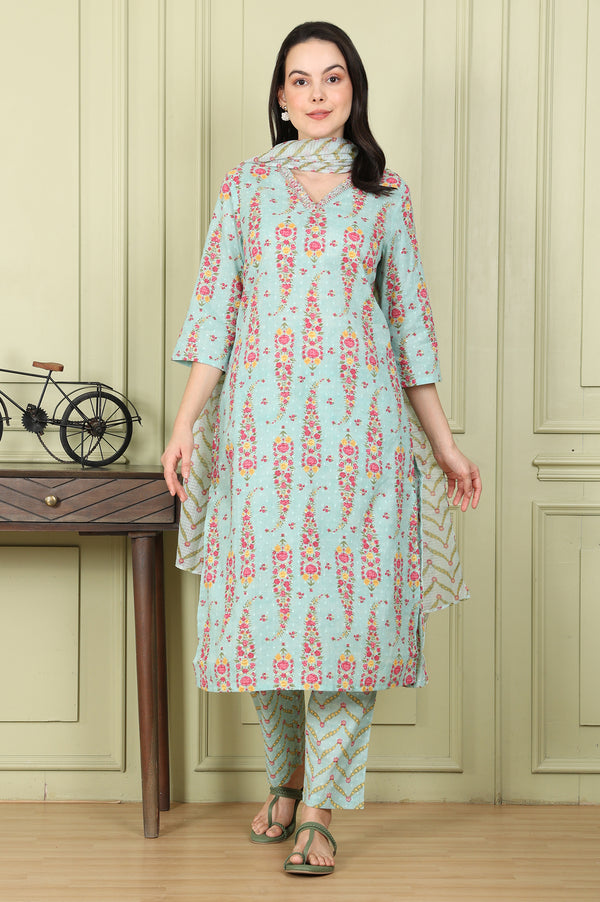 Sea Green Floral Printed Pure Cotton Straight Kurta, Pants And Dupatta Set