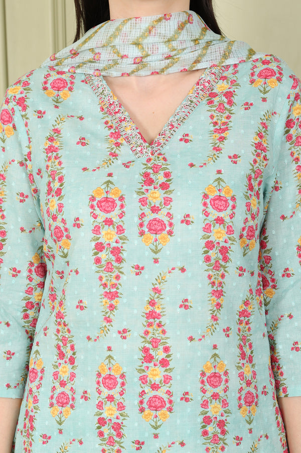 Sea Green Floral Printed Pure Cotton Straight Kurta, Pants And Dupatta Set