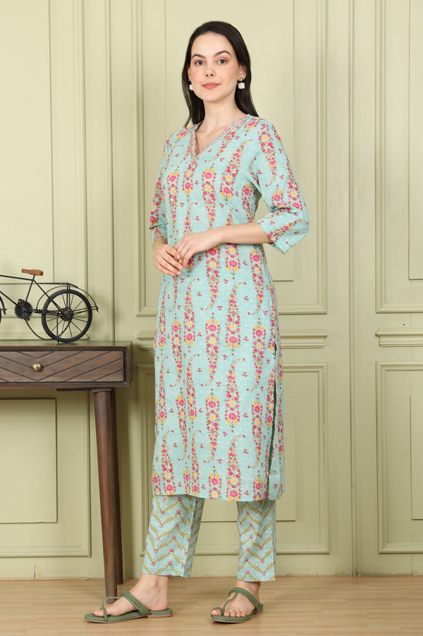 Sea Green Floral Printed Pure Cotton Straight Kurta, Pants And Dupatta Set