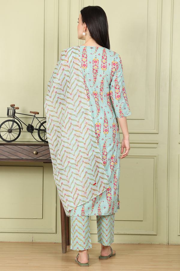 Sea Green Floral Printed Pure Cotton Straight Kurta, Pants And Dupatta Set