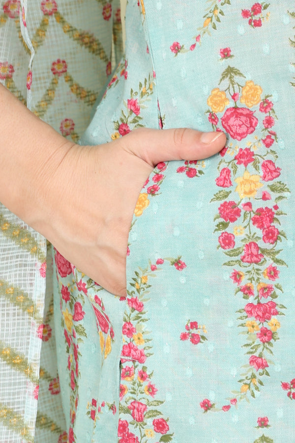Sea Green Floral Printed Pure Cotton Straight Kurta, Pants And Dupatta Set