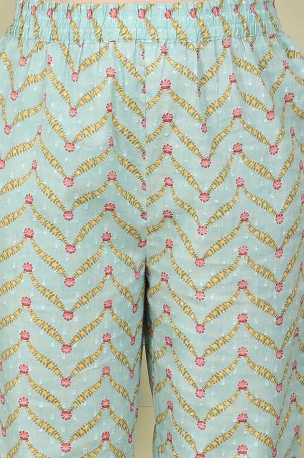 Sea Green Floral Printed Pure Cotton Straight Kurta, Pants And Dupatta Set