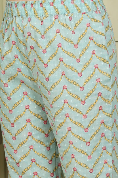Sea Green Floral Printed Pure Cotton Straight Kurta, Pants And Dupatta Set