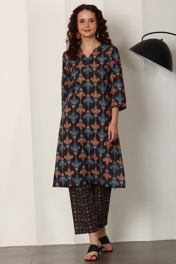 Black Floral Printed Pure Cotton Kurta And Pants Co-Ord Set