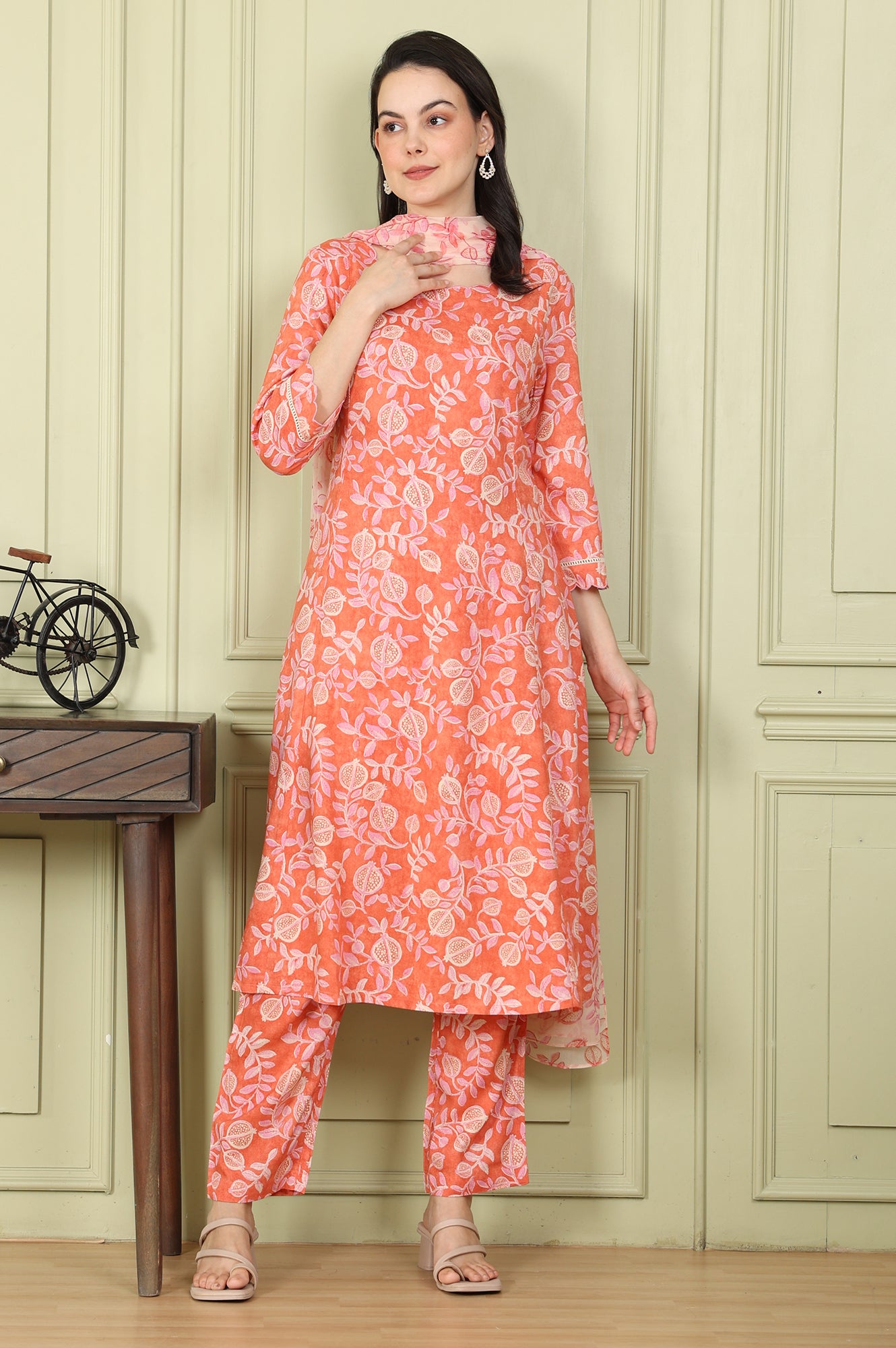 Tangy Orange Floral Printed Breezy Rayon Kurta, Pants Co-Ord Set With Dupatta - wforwoman