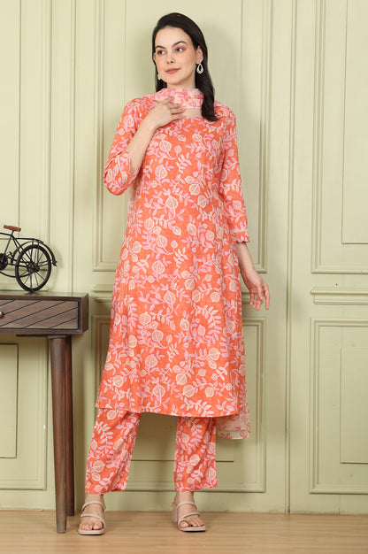 Tangy Orange Floral Printed Breezy Rayon Kurta, Pants Co-Ord Set With Dupatta - wforwoman