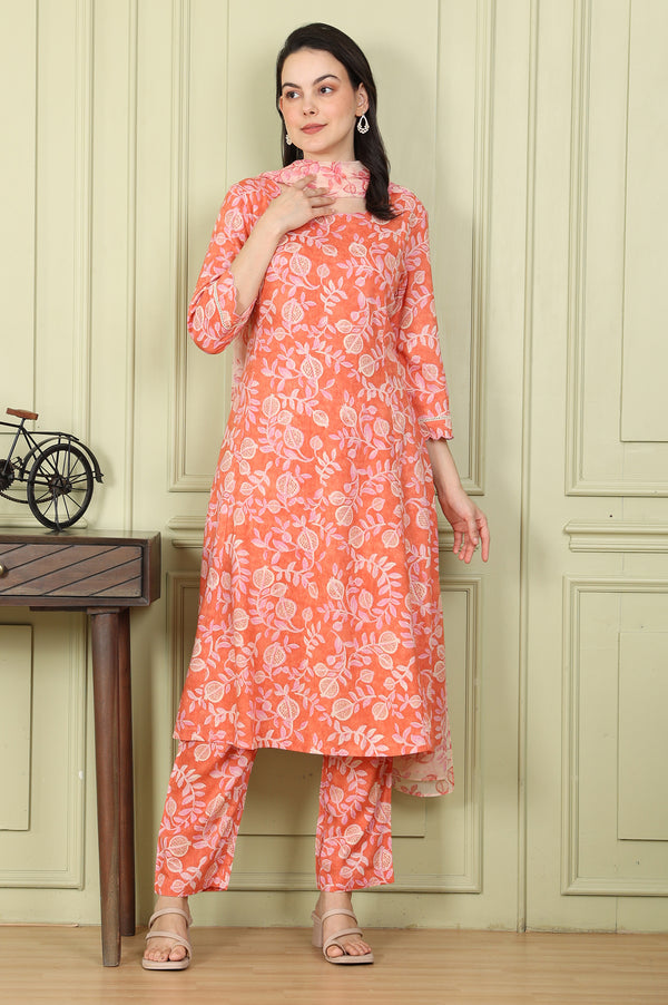Tangy Orange Floral Printed Breezy Rayon Kurta, Pants Co-Ord Set With Dupatta