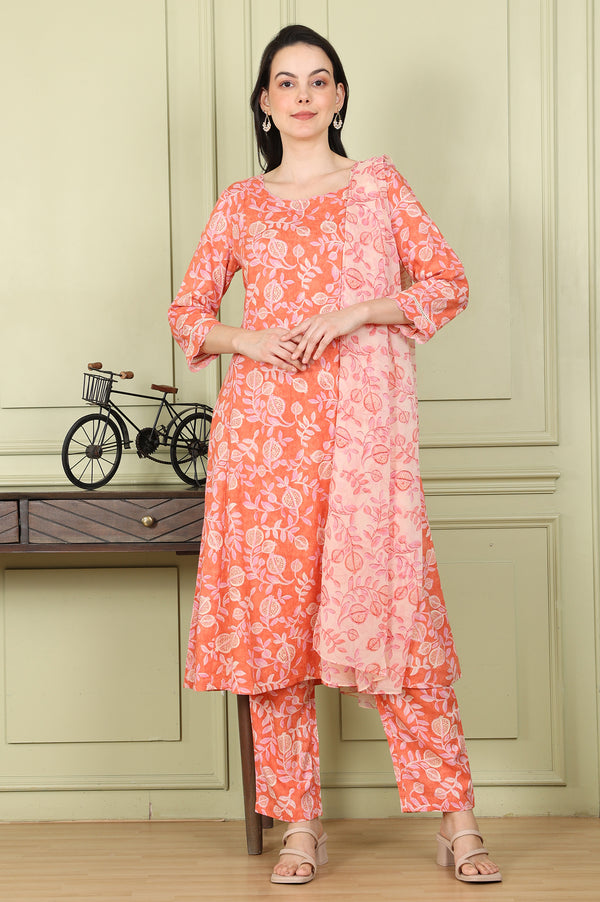 Tangy Orange Floral Printed Breezy Rayon Kurta, Pants Co-Ord Set With Dupatta