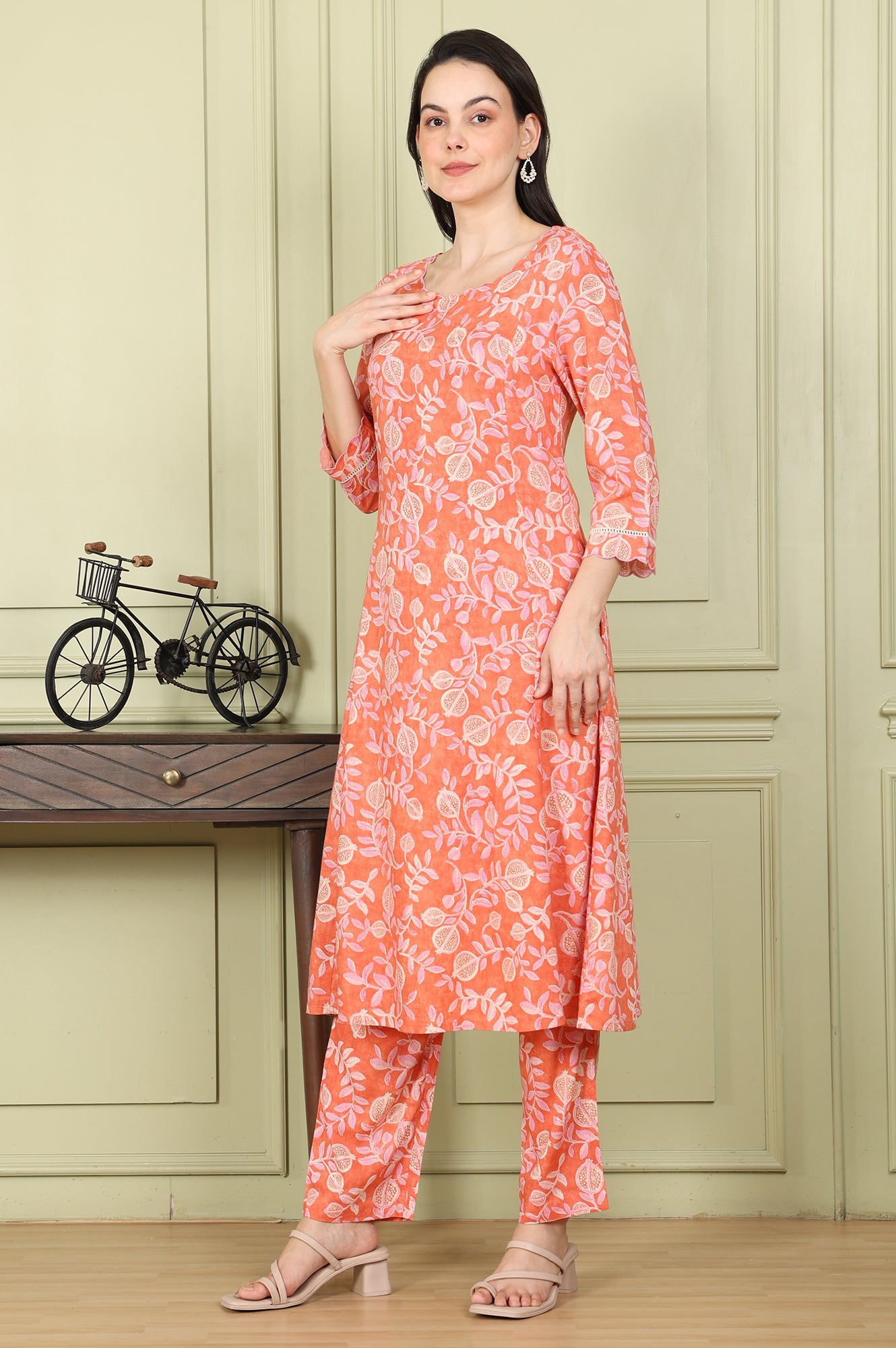 Tangy Orange Floral Printed Breezy Rayon Kurta, Pants Co-Ord Set With Dupatta - wforwoman