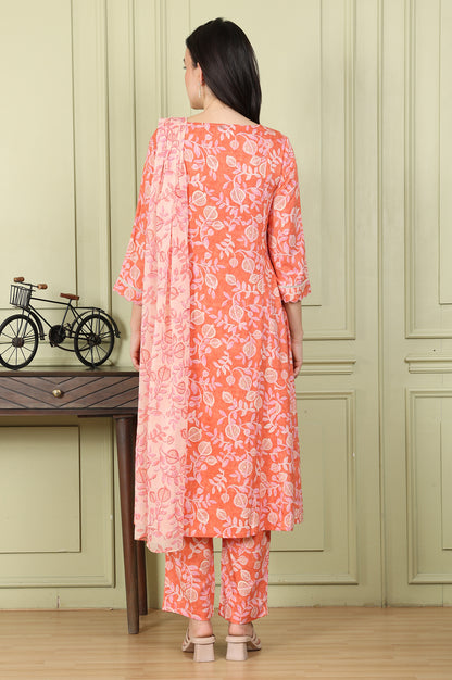 Tangy Orange Floral Printed Breezy Rayon Kurta, Pants Co-Ord Set With Dupatta - wforwoman