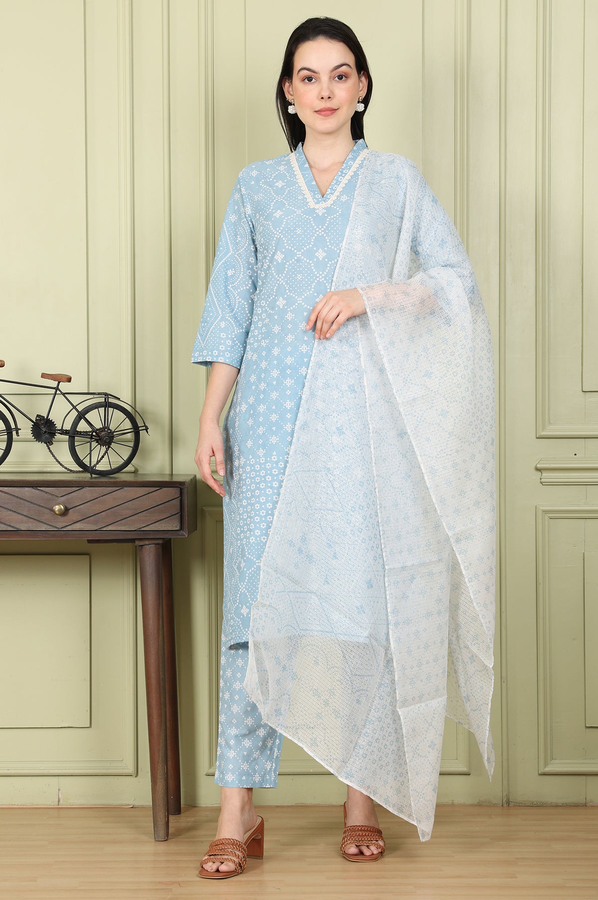 Powder Blue Geometric Printed Pure Cotton Straight Kurta, Pants And Dupatta Set - XS