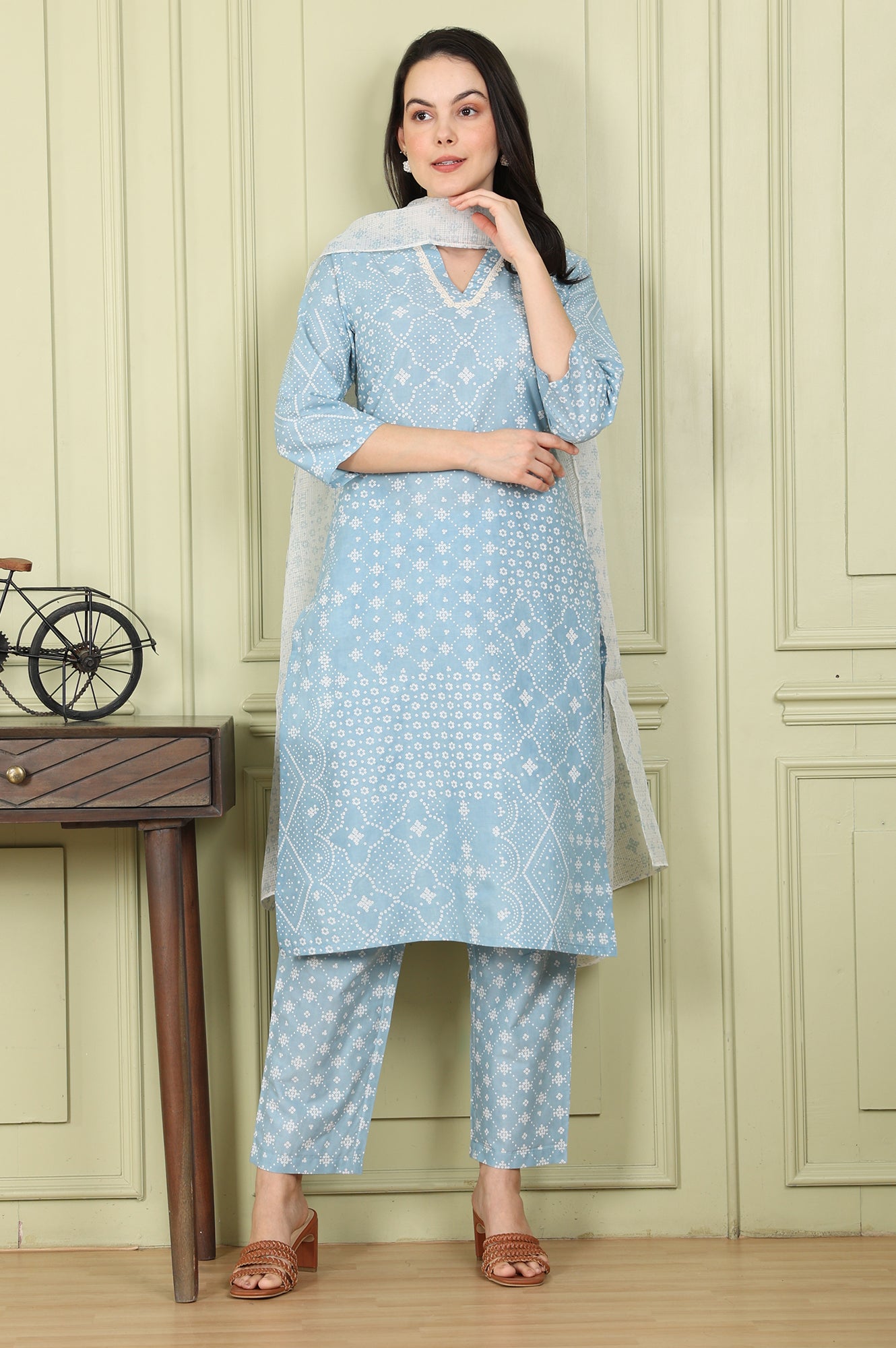 Powder Blue Geometric Printed Pure Cotton Straight Kurta, Pants And Dupatta Set - wforwoman